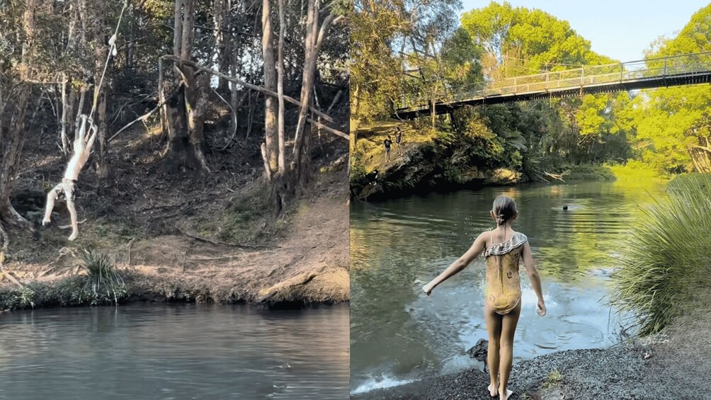 A river with a bridge and a person standing by the water. 2