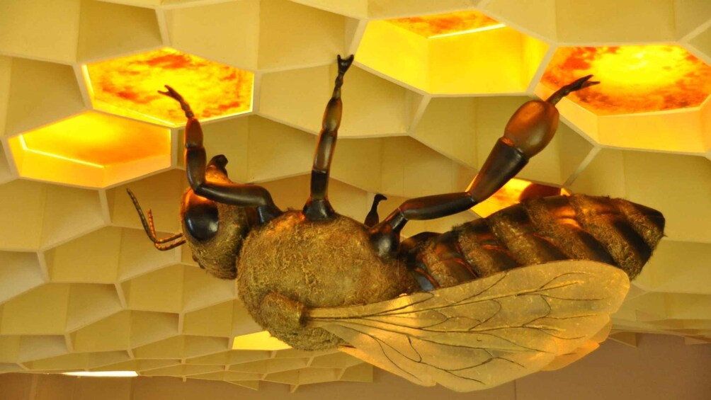 A large insect sculpture with wings and antennae, suspended in a honeycomb-like structure. 1