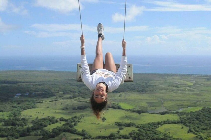 A person on a swing chair suspended over a landscape. 1