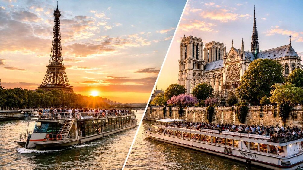The Eiffel Tower and Notre-Dame Cathedral during sunset. 1