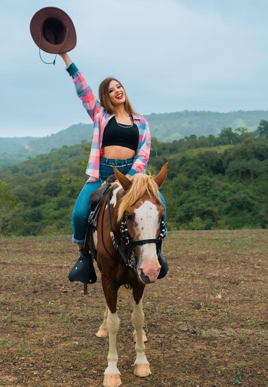 A person riding a horse in a field with a forested hill in the background. 1