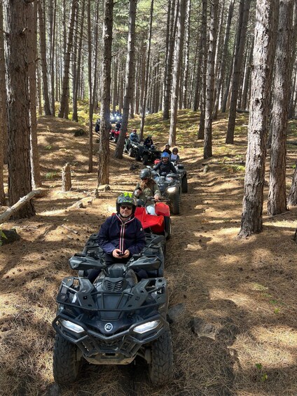 A group of people on ATVs in a forested area. 3