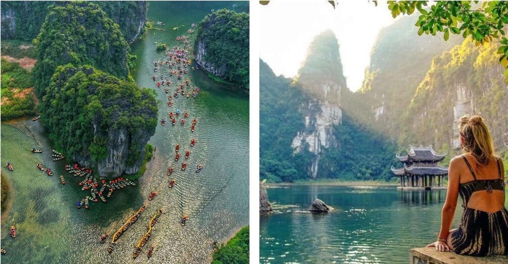 A river with canoes and a person overlooking a traditional structure by the water. 5