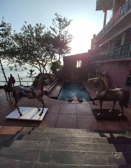 A pool area with two bronze horse statues, a building with a balcony, and trees in the background. 5