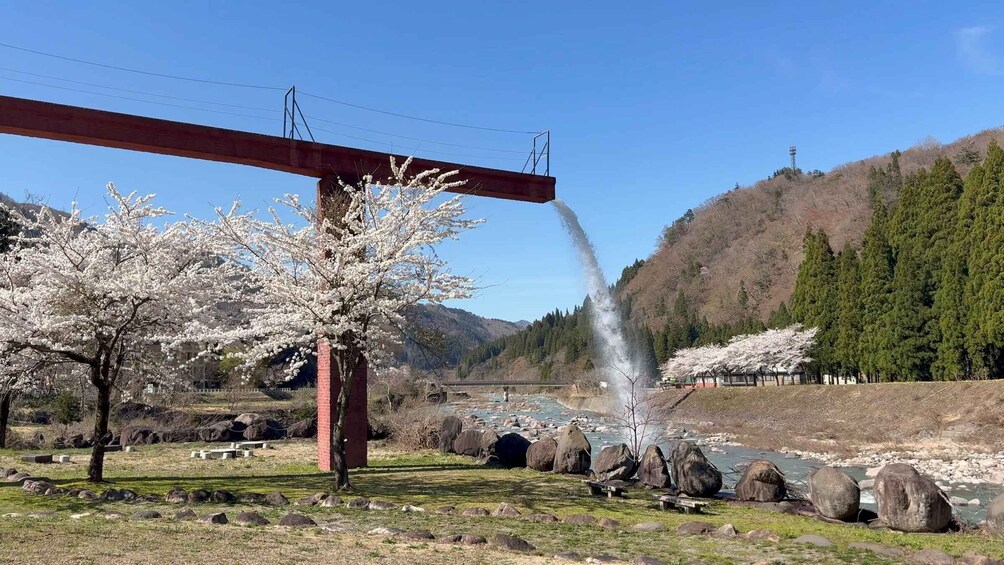 A bridge with water flowing over it, cherry blossoms, a river, and a mountainous backdrop. 4
