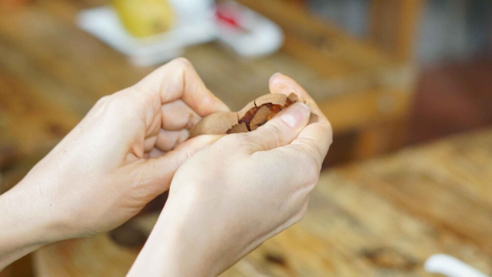 Hands holding a piece of food, possibly a snack or a small dish. 3