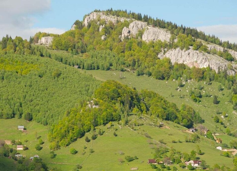A mountainous landscape with scattered houses and dense forest. 4