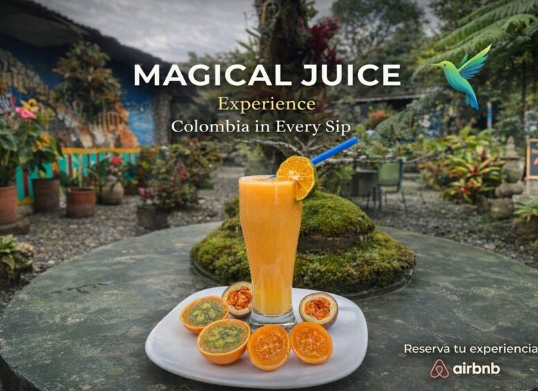 A tropical garden with a table displaying a tall glass of orange juice, surrounded by sliced passion fruit and passion fruit halves. 3