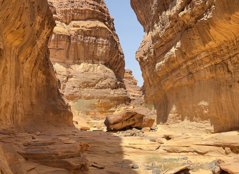 A canyon with layered rock formations and a narrow passageway. 2