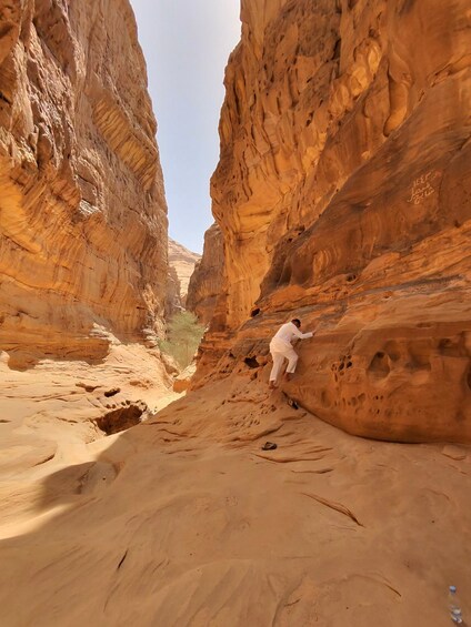 A person climbing a rocky canyon wall. 3
