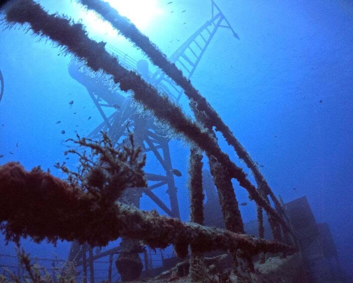 A submerged shipwreck with visible rusted metal structures and marine growth. 1