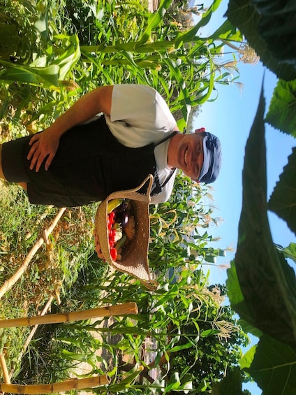 A person standing in a garden with a basket of vegetables. 5