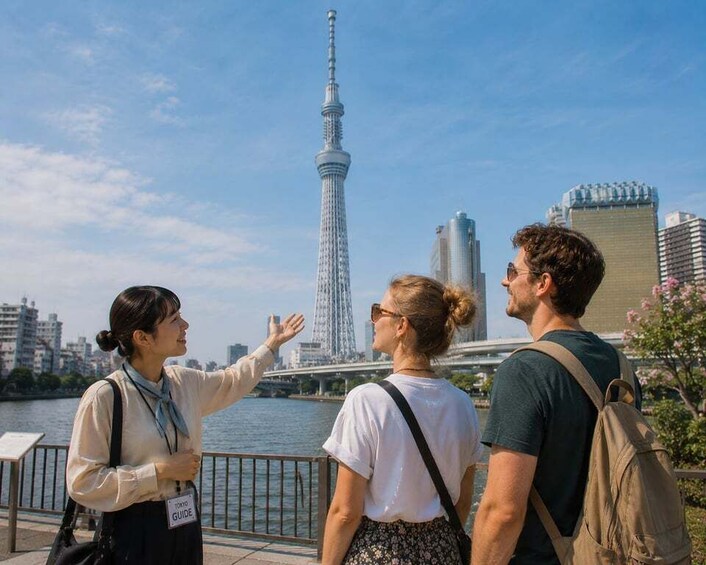 Three people standing by a waterfront with a city skyline, including a prominent tower, in the background. 1
