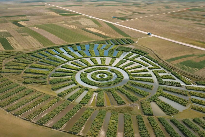 An aerial view of a circular agricultural landscape with concentric crop patterns and water channels. 2