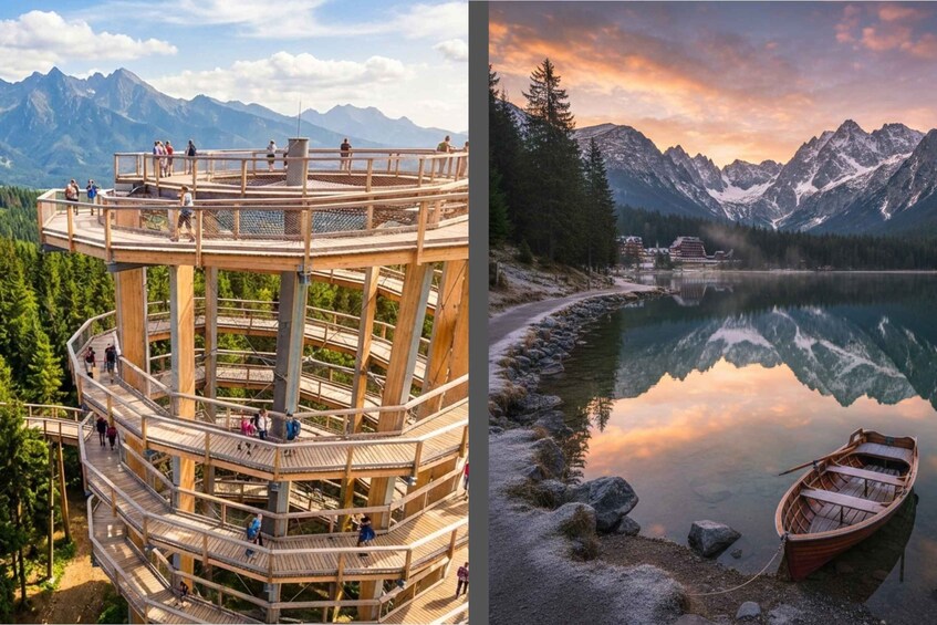 A wooden observation tower with visitors and a calm lake with a boat at sunset. 1