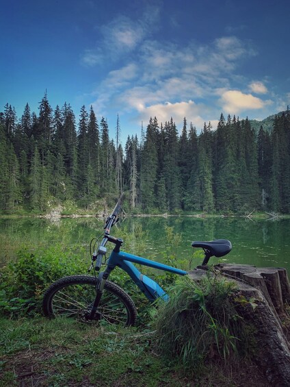 A blue mountain bike parked by a lake with a forest in the background. 3
