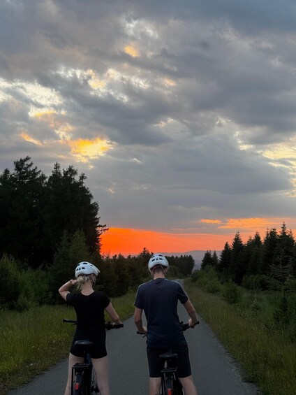 Two cyclists on a paved path with trees on either side, heading towards a sunset. 5