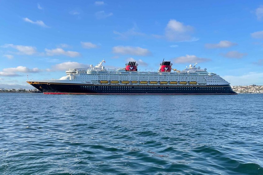 A large cruise ship with multiple decks and lifeboats visible on the deck, sailing in a body of water with a city skyline in the background. 3