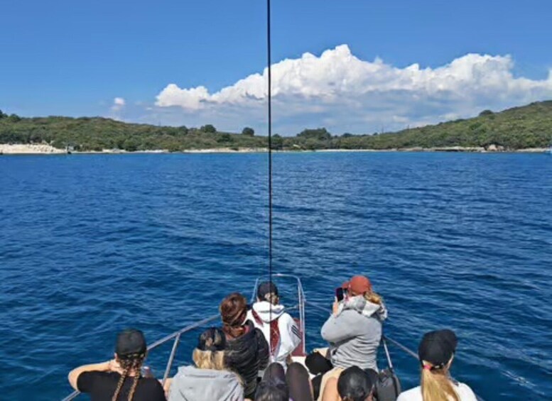 A group of people on a boat with a clear view of the sea and a coastline with greenery. 3