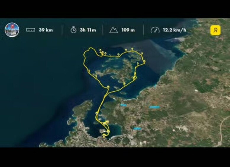 A satellite view of a coastal area with a yellow outlined path, indicating a route or journey. 4