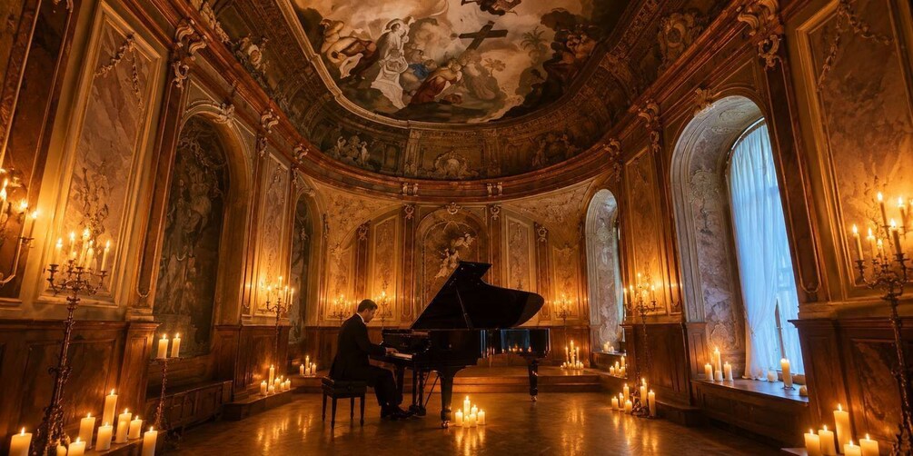 A grand hall with a grand piano, ornate decorations, and lit candles. 1