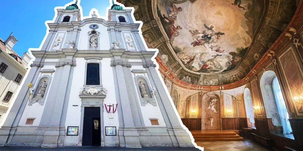 A grand church facade with statues and a detailed ceiling fresco. 3