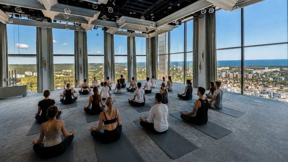 A group of people meditating in a spacious room with large windows overlooking a cityscape. 3