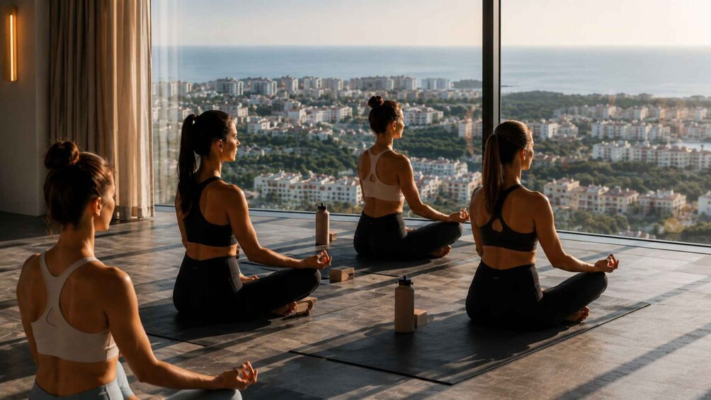 Three women meditating on a rooftop with a cityscape view. 2