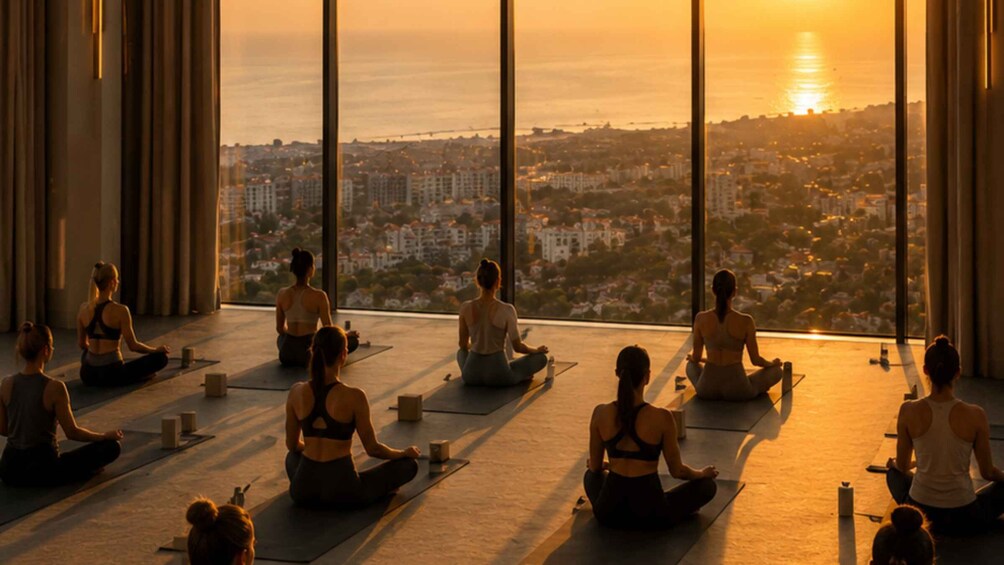 A group of people meditating on yoga mats in a room with large windows overlooking a cityscape at sunset. 5