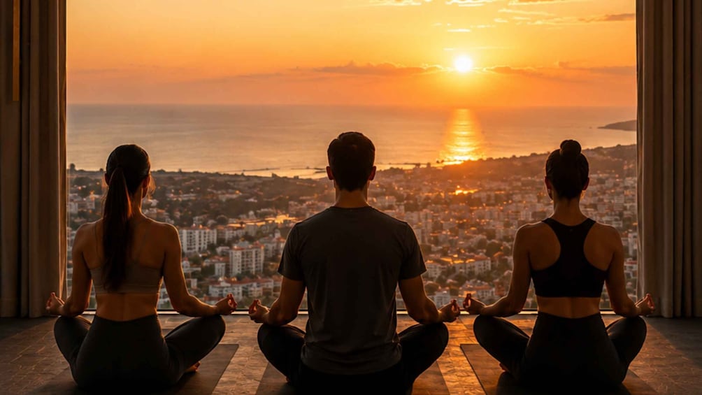 Three people meditating in a room with a cityscape and sunset view. 1