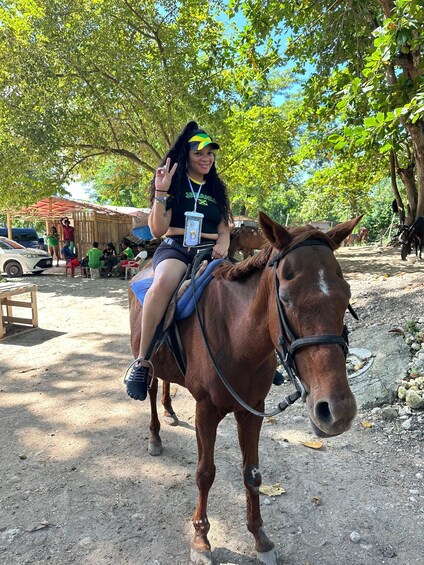 A person riding a brown horse in a shaded outdoor area with trees and a wooden structure in the background. 1