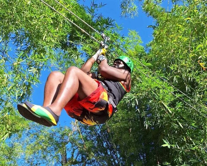 A person zip-lining through a forest. 5