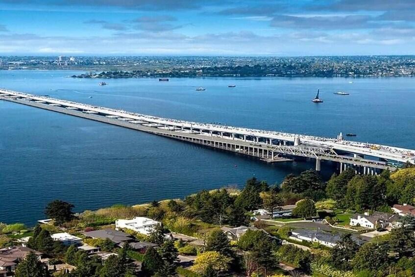 A bridge over a body of water with a cityscape in the background. 3