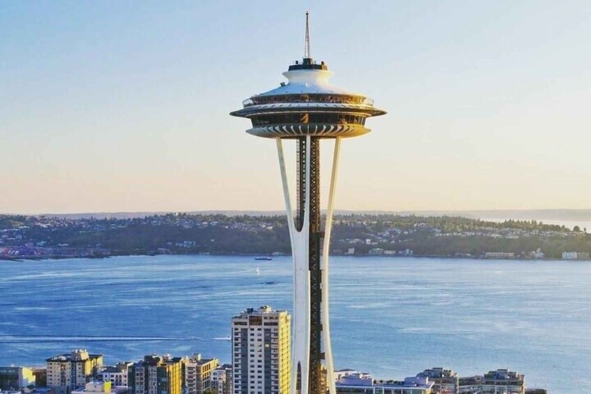 The Space Needle in Seattle with the city skyline and water in the background. 1