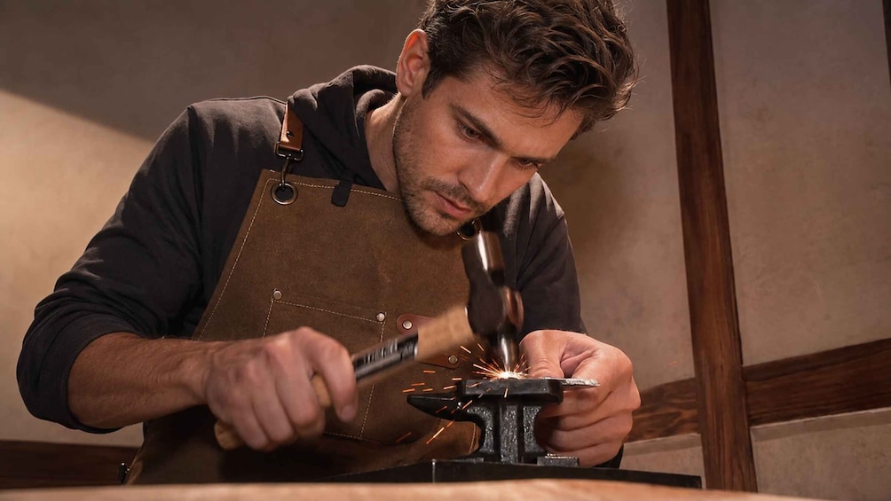 A person working with a hammer and anvil, producing sparks. 1