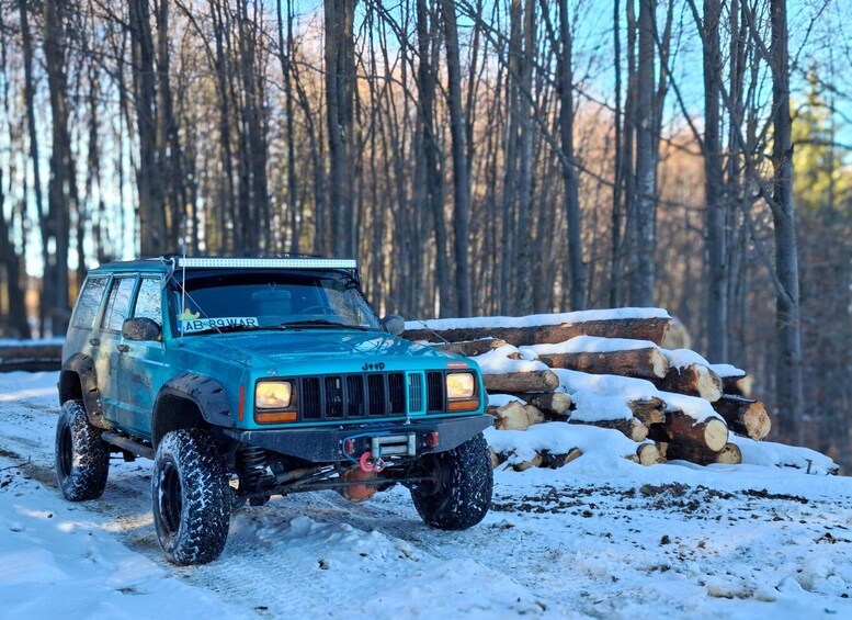A blue Jeep with a winch and 'AB-89-WAR' on the windshield, parked on a snow-covered road with logs in the background. 5