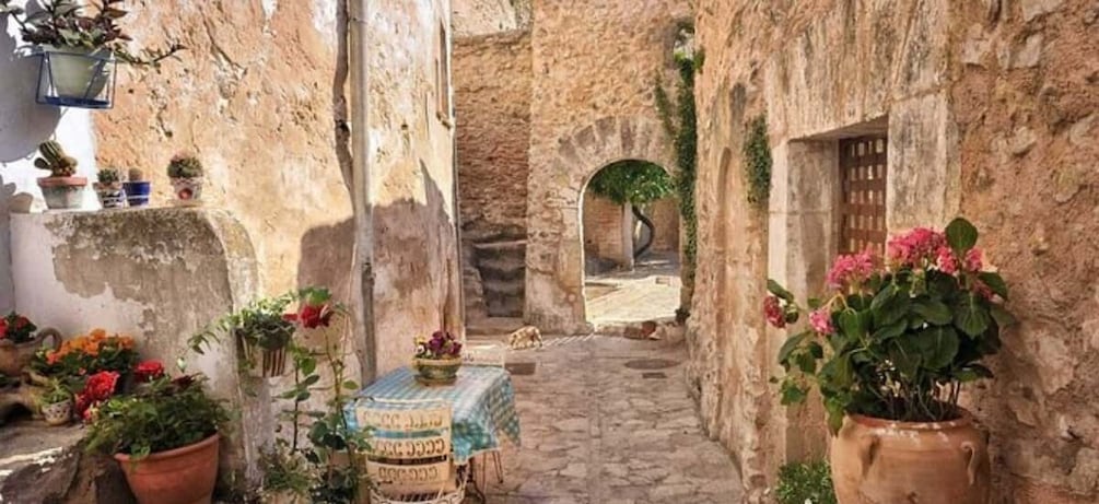 A narrow stone alley with potted plants and a table, suggesting a tranquil courtyard setting. 5