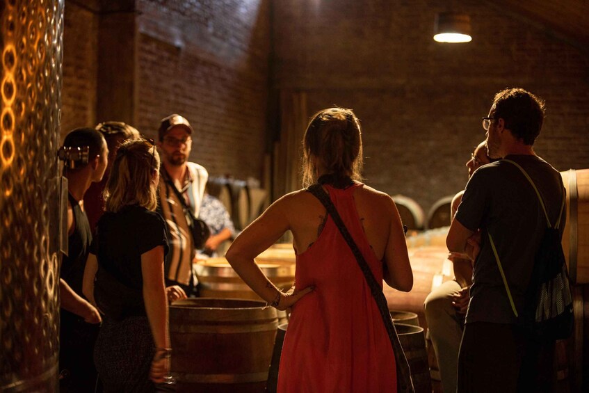 A group of people in a dimly lit room with brick walls and wooden barrels. 4