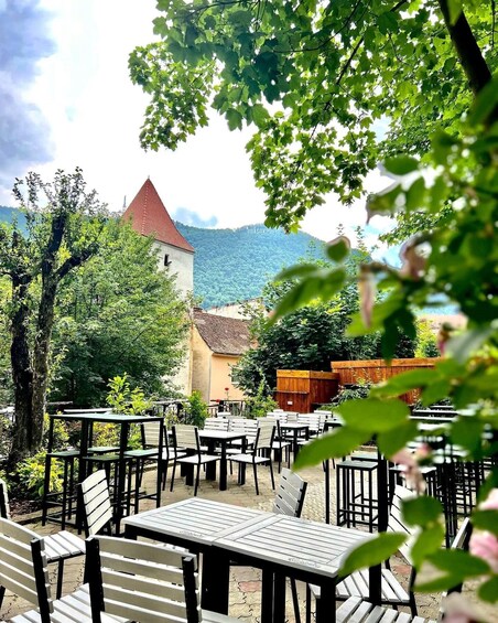 An outdoor café with tables and chairs, surrounded by trees and a mountain in the background. 4