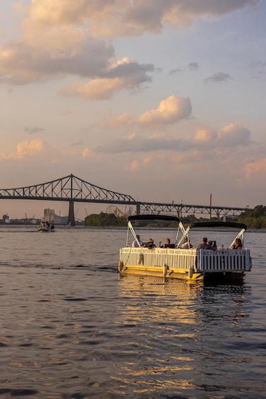A river with a bridge in the background and a boat with people on it. 3