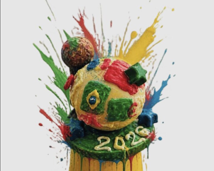 A colorful, abstract sculpture with a spherical shape and the year '2020' on its base. 1