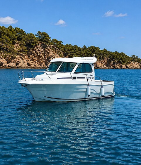 A white motorboat with 'SKIPFISHER' written on the side, floating on calm blue water with a rocky shoreline and trees in the background. 2
