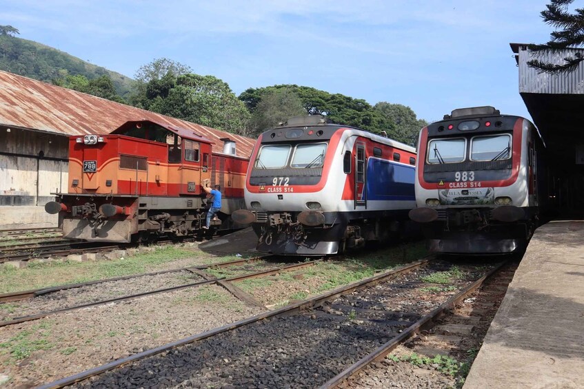 Three trains parked at a station with a person standing near the first train. 1
