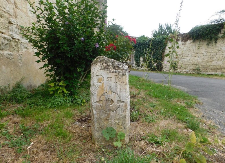 A weathered stone marker with 'D.S.M.' inscribed, surrounded by greenery and a stone wall. 5