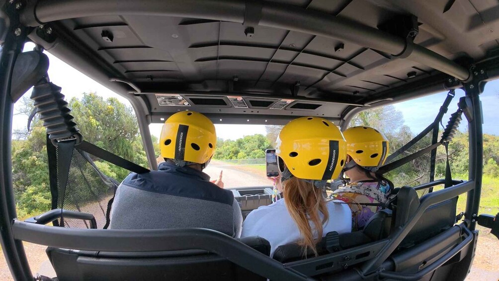 Three people in a vehicle with yellow helmets, a steering wheel, and a road ahead. 3