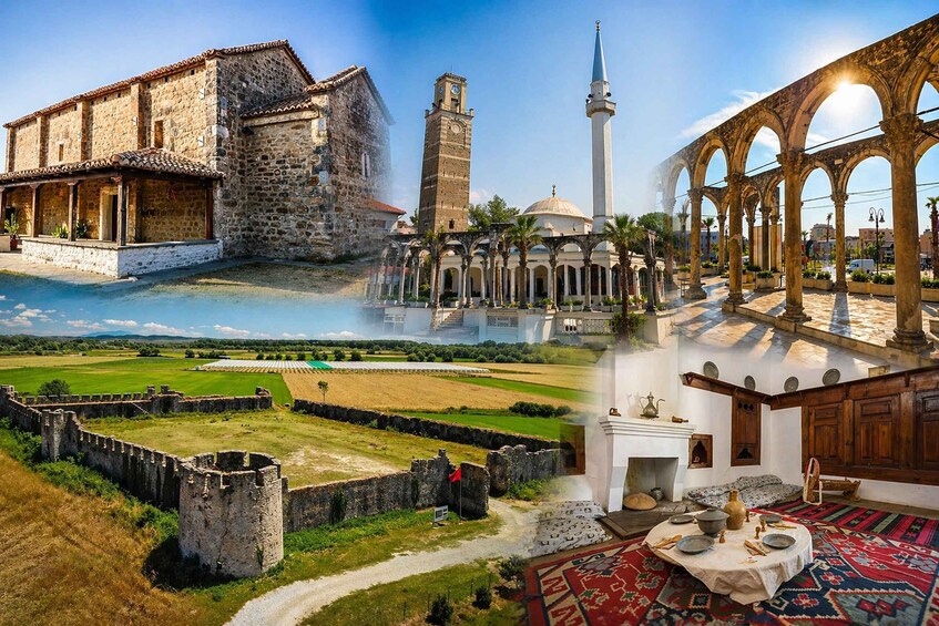 A historical building, a mosque with a minaret, and a traditional interior with a patterned rug. 1