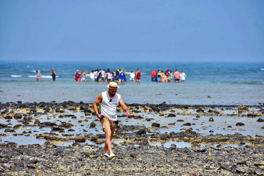 A rocky beach with people in the water and on the shore. 3