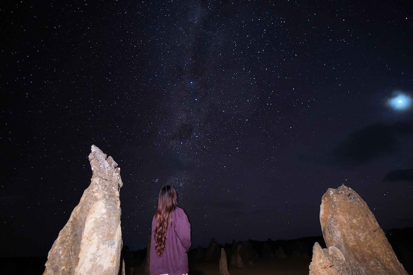 A person standing between two rock formations under a starry night sky with a visible moon. 4