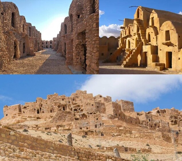 Ancient ruins with arched doorways and a large, fortified structure. 3