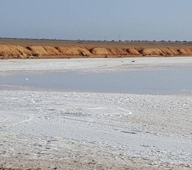 A barren landscape with a dry riverbed and distant sand dunes. 5